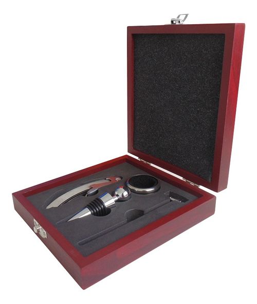 Set De Vino Cromado 4 Piezas En Estuche De Madera Regalo