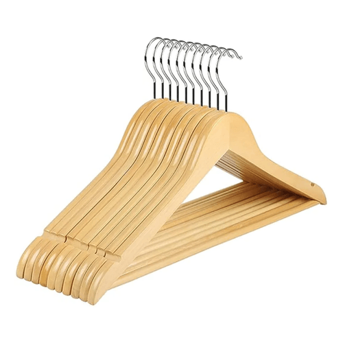 Pack x50 Perchas de Madera Natural Lustrada Barnizadas Con Barral