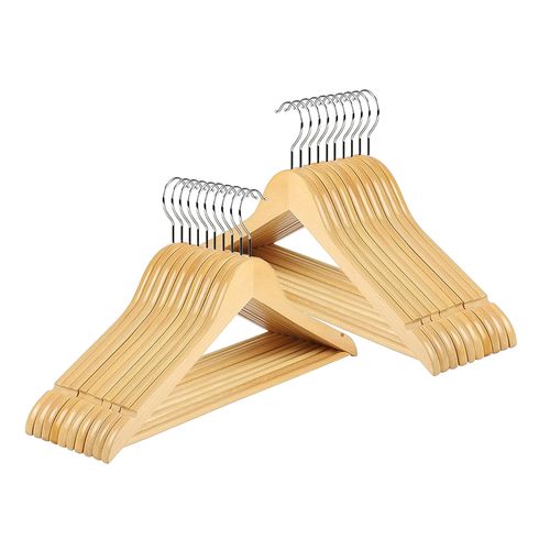 Pack x24 Perchas de Madera Natural Lustrada Barnizadas Con Barral