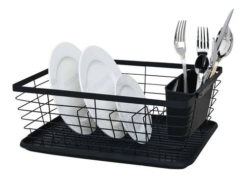 Escurridor de platos y vasos de alambre con bandeja color negro Utile
