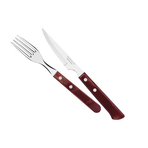 Set Cubiertos 24 Piezas Cuchillo Muesca y Tenedor Mango Madera Polywood Tramontina