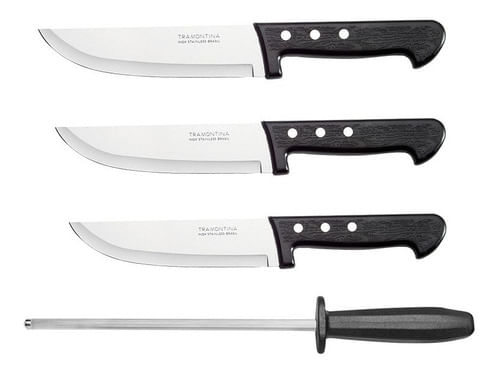 Set 4 Piezas Cuchillos Cocina Plenus + Chaira Mango Plástico Tramontina