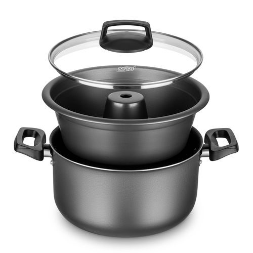 Set Cacerola Con Tapa + Flanera Aluminio Con Teflón Mta