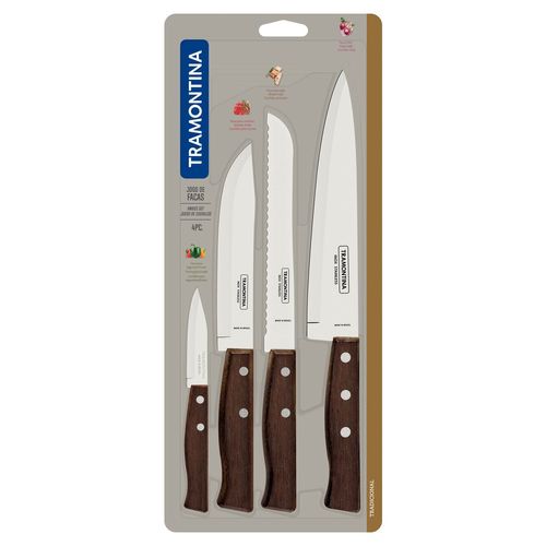 Juego 4 Cuchillos Tradicional Mango Madera Tramontina