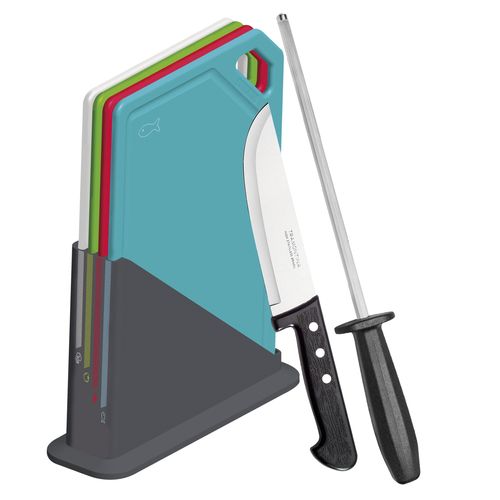 Set 4 Tablas de Picar con Soporte + Cuchillo Cocina + Chaira Afilador Tramontina